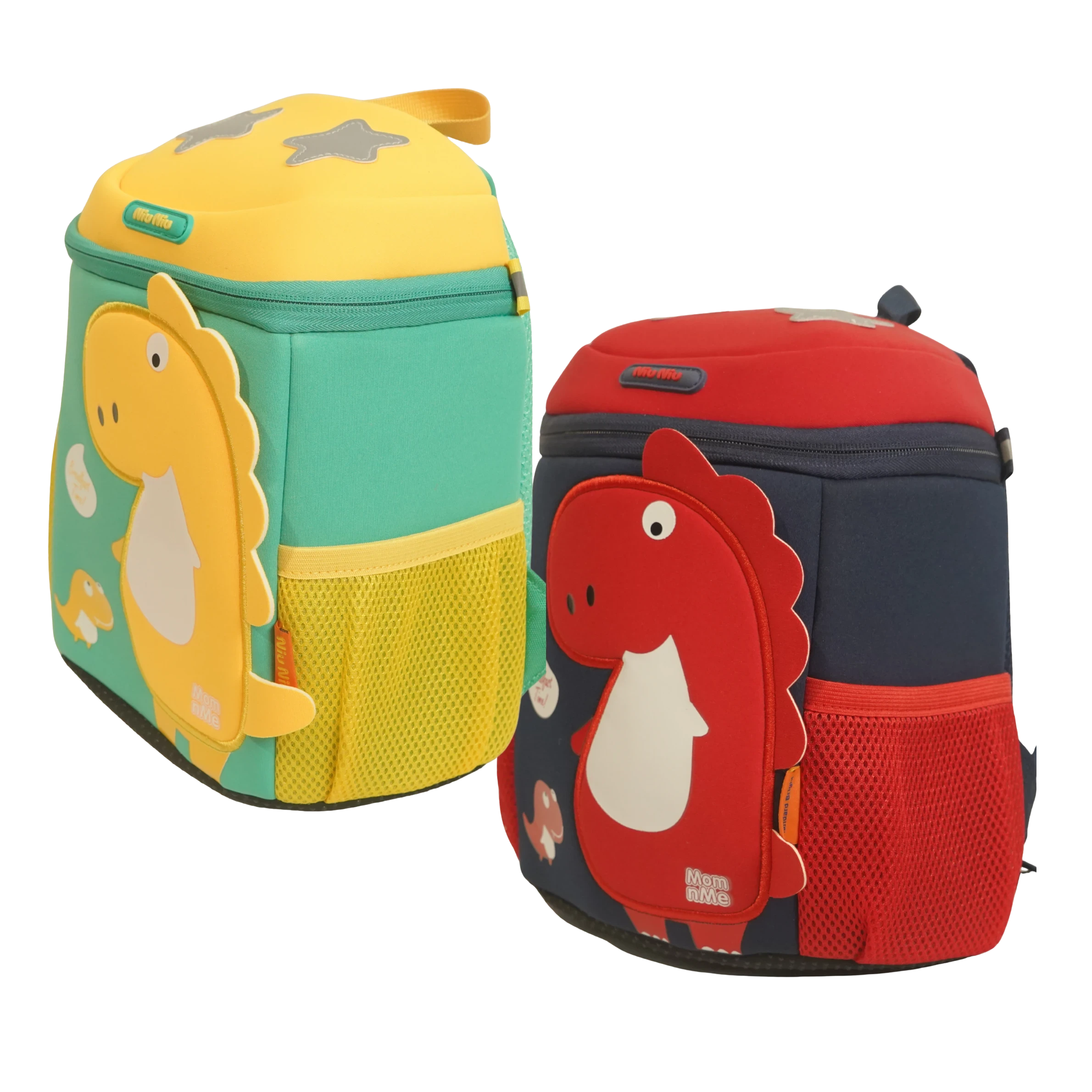 Mango Muffins yellow and green dinosaur backpack with 3D wings and textured scales. Red and navy backpack with dinosaur.