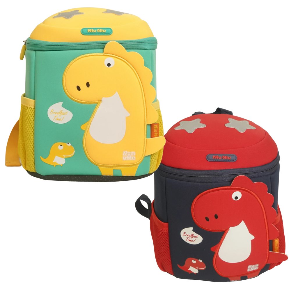 Mango Muffins green and yellow dinosaur backpack with 3D wings and textured scales. Features adjustable straps.