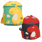 Mango Muffins green and yellow dinosaur backpack with 3D wings and textured scales. Features adjustable straps.