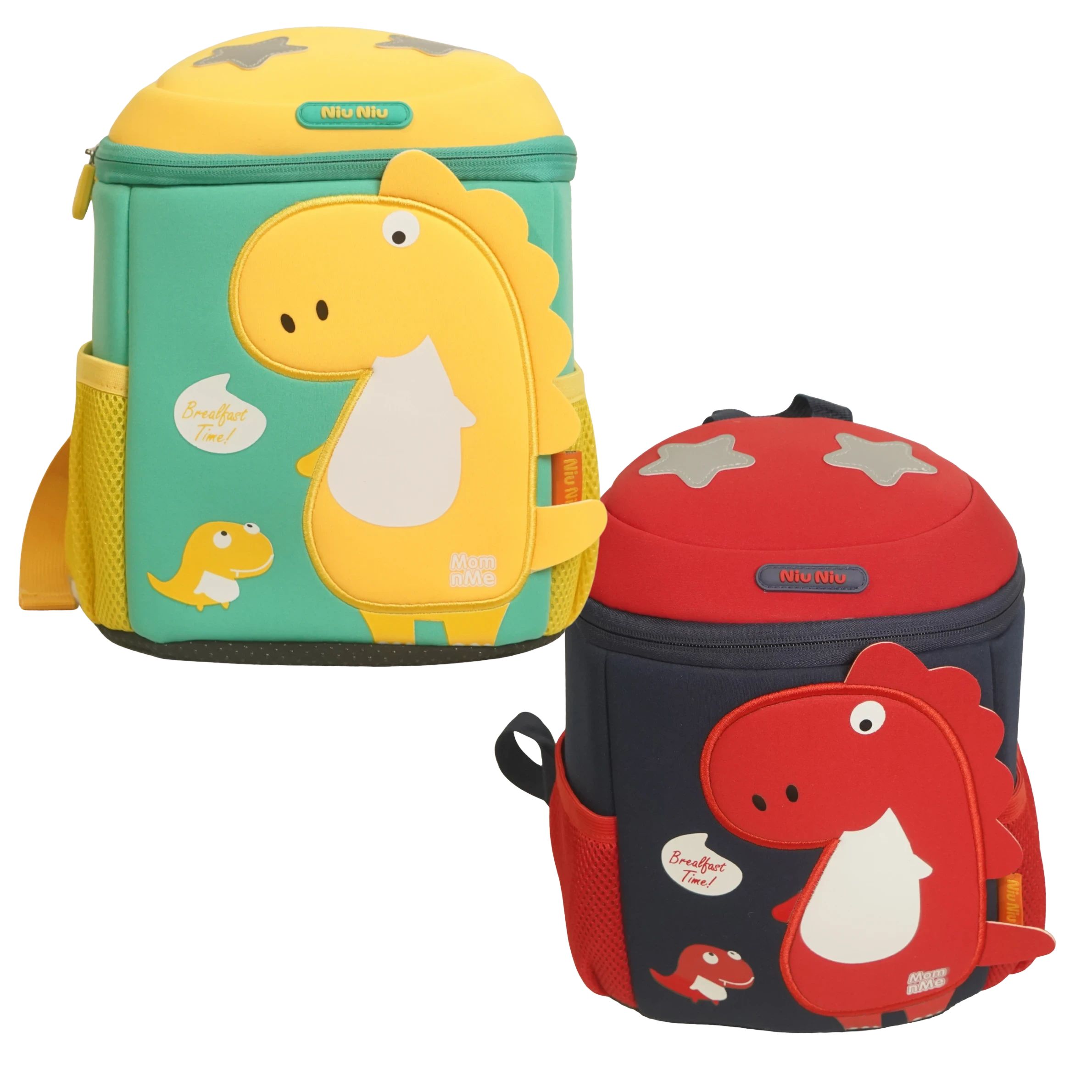 Mango Muffins green and yellow dinosaur backpack with 3D wings and textured scales. Features adjustable straps.