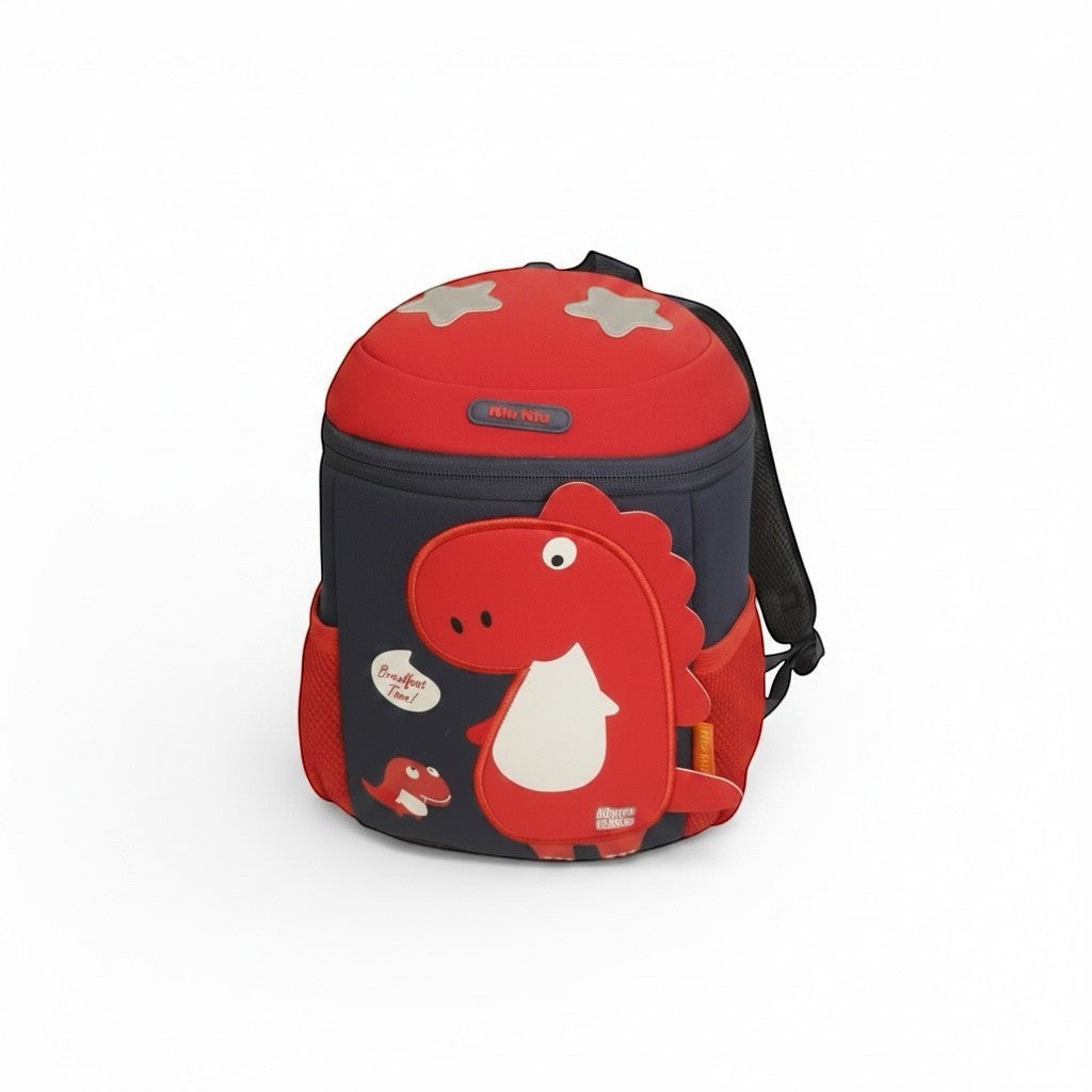 Mango Muffins red and navy blue dinosaur backpack with 3D wings and textured scales. Features adjustable straps.