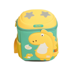 Mango Muffins yellow and teal backpack with a large yellow dinosaur applique and smaller dinosaur. Features 3D wings and star details.