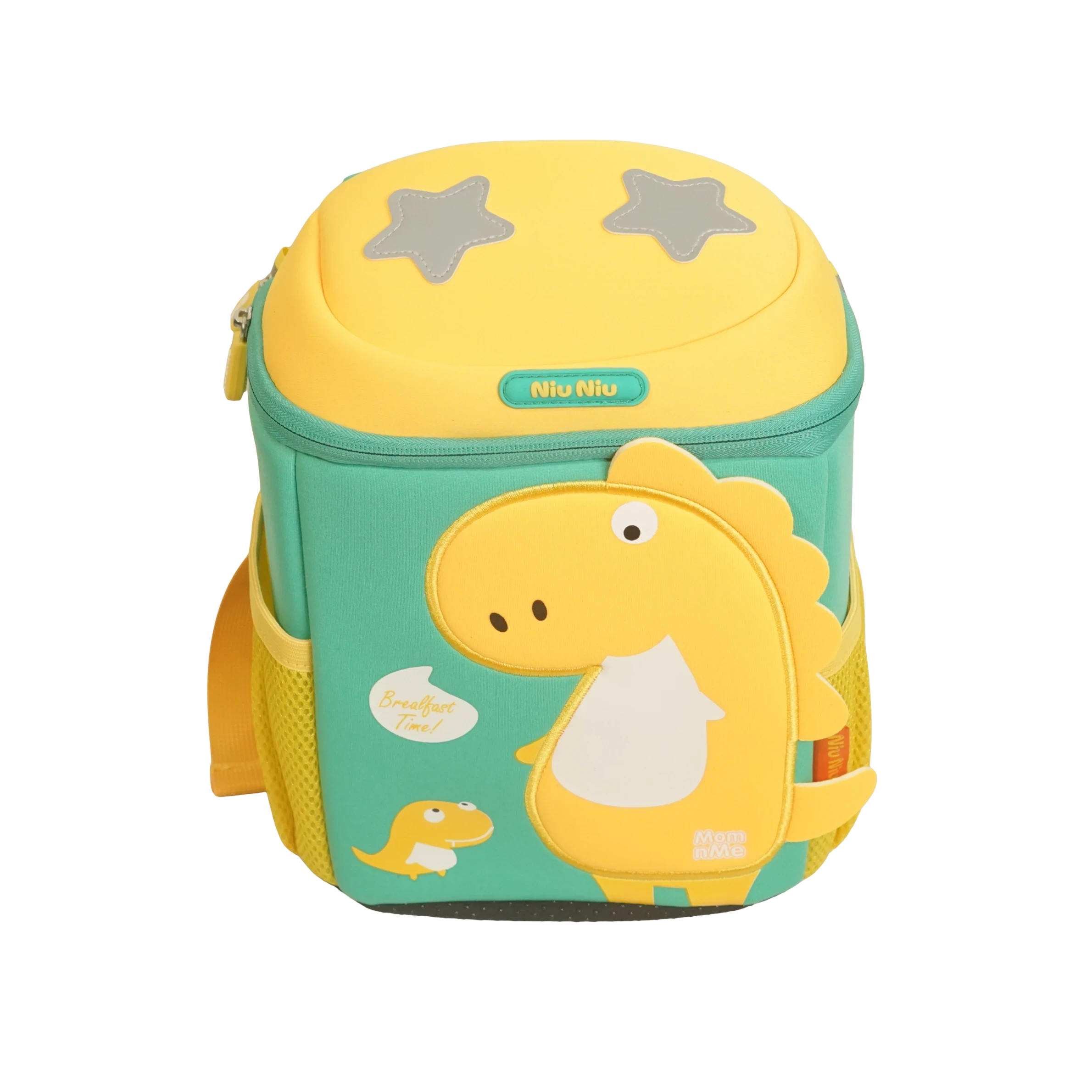 Mango Muffins yellow and teal backpack with a large yellow dinosaur applique and smaller dinosaur. Features 3D wings and star details.