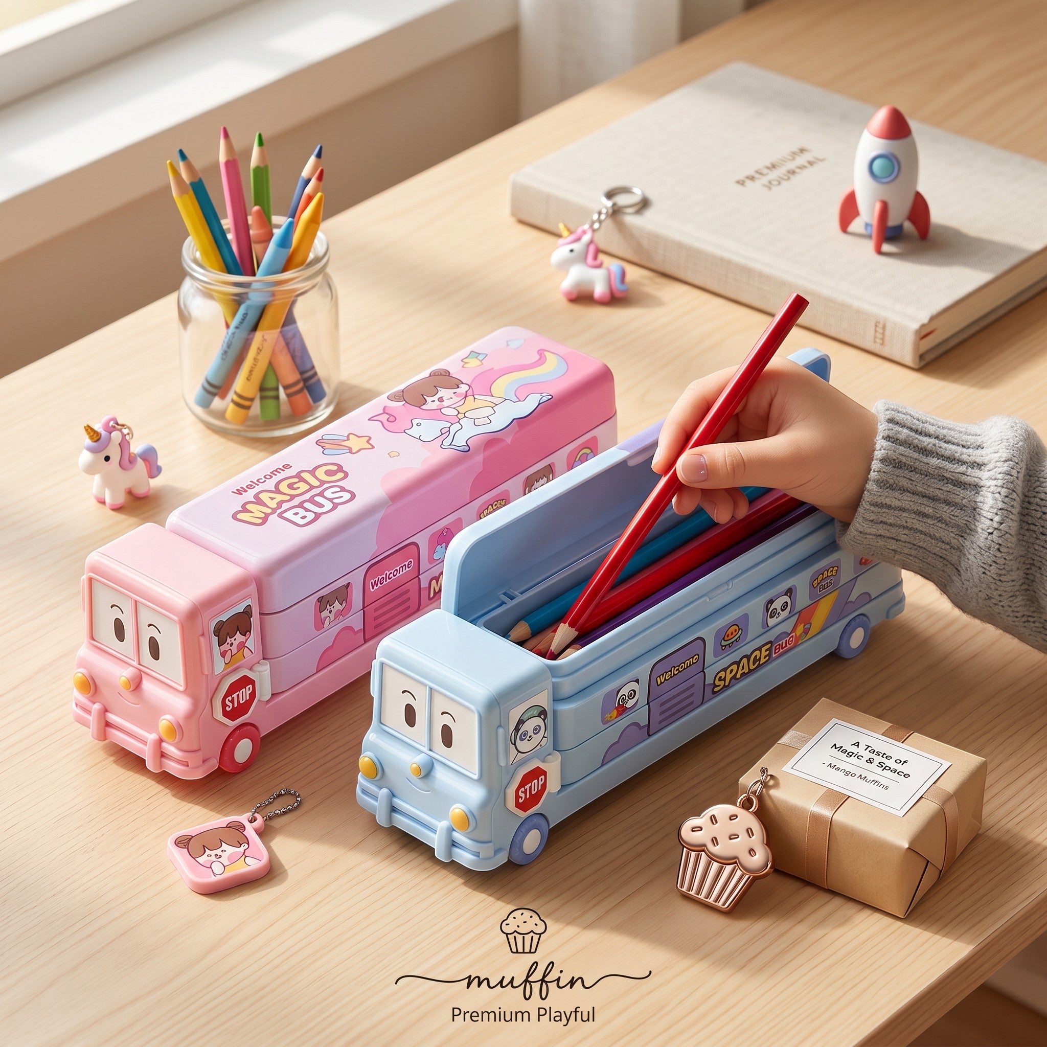 Mango Muffins double-decker bus pencil boxes in pastel pink and cosmic blue with stationery on a wooden desk