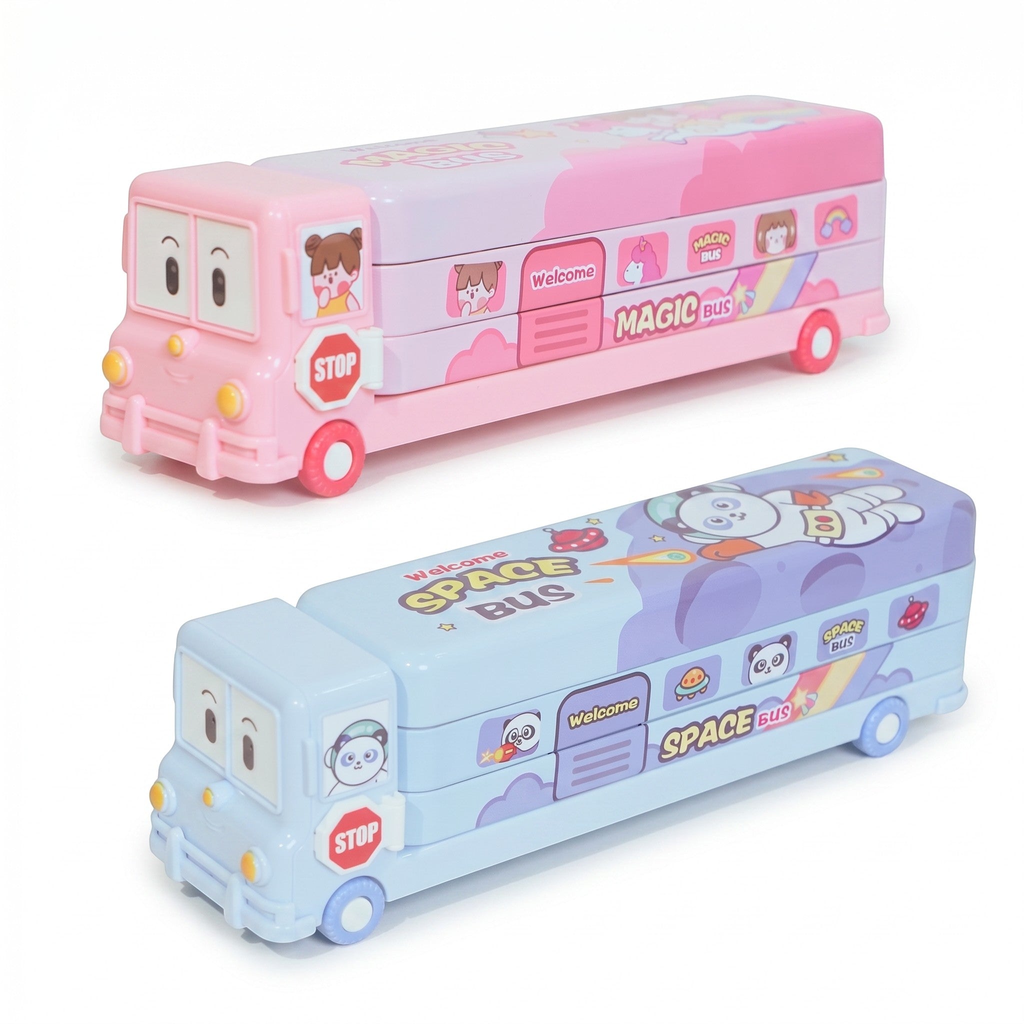 Mango Muffins double-decker bus pencil boxes in pastel pink Magic Bus and cosmic blue Space Bus designs with rolling wheels.