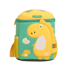 Mango Muffins green and yellow dragon backpack with 3D wings and textured scales. Features a smaller dragon graphic and "Breakfast Time!" speech bubble.