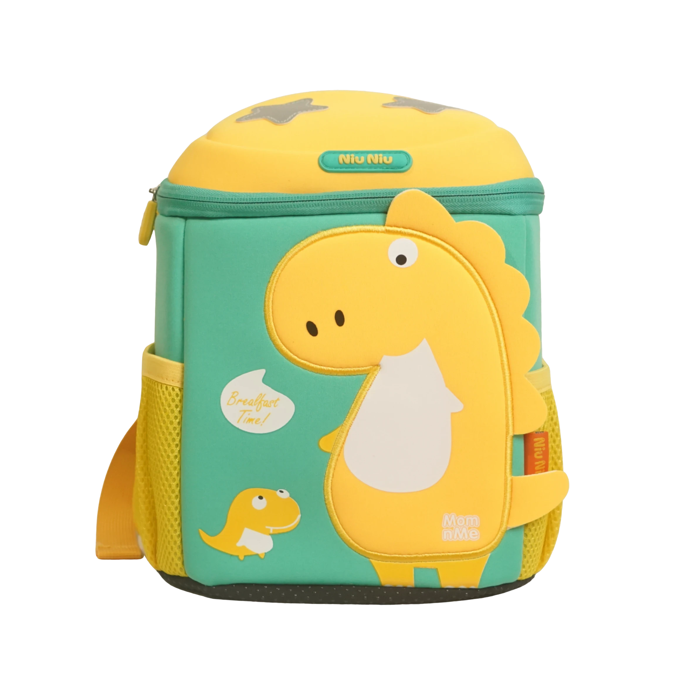 Mango Muffins green and yellow dragon backpack with 3D wings and textured scales. Features a smaller dragon graphic and "Breakfast Time!" speech bubble.