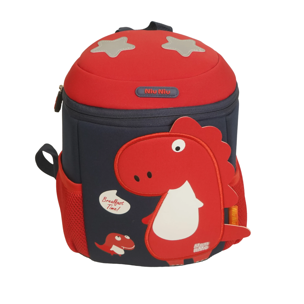 Mango Muffins red and navy blue dragon backpack with 3D wings and textured scales. Features star accents on top.