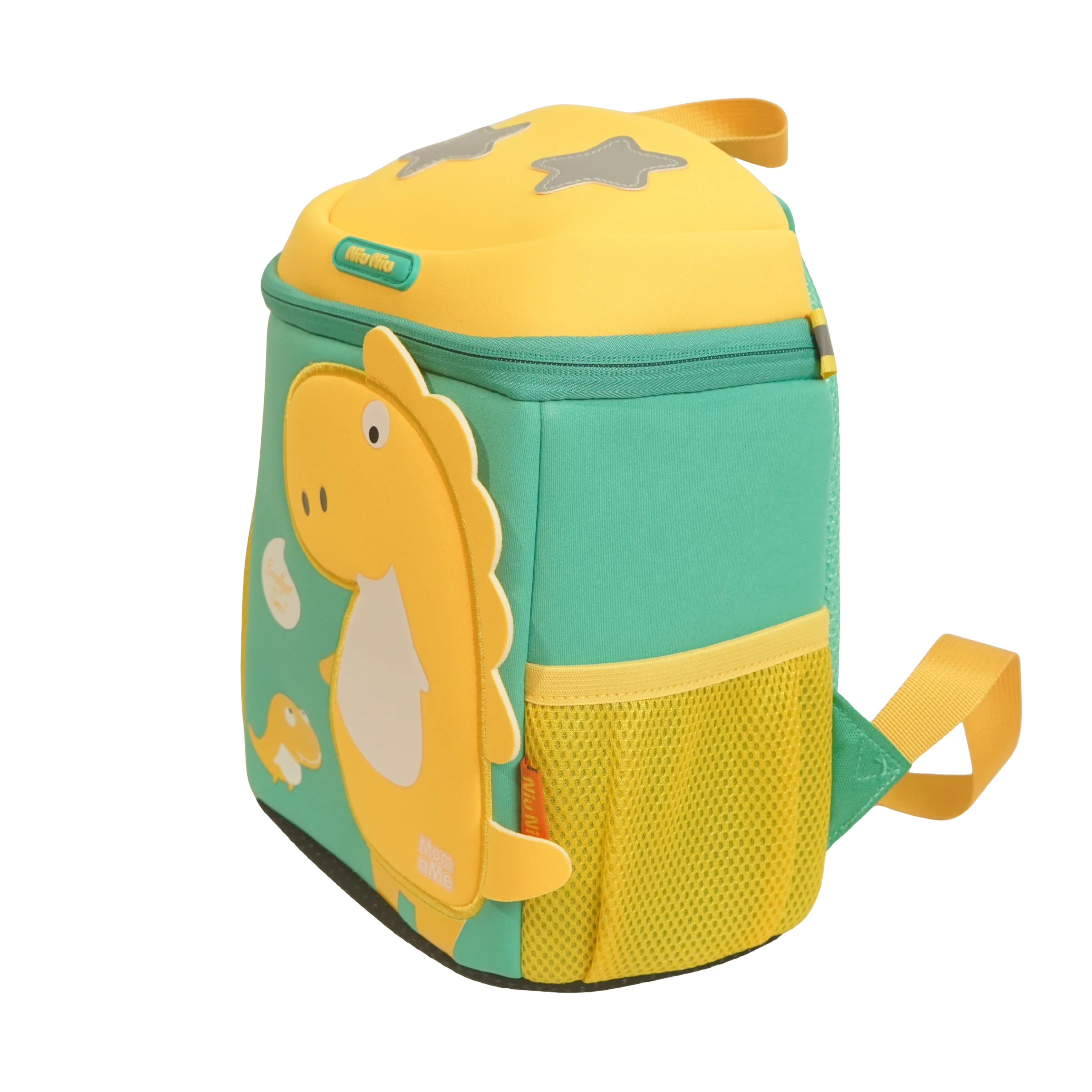 Mango Muffins yellow and green dragon backpack with 3D wings and textured scales. Features padded straps.