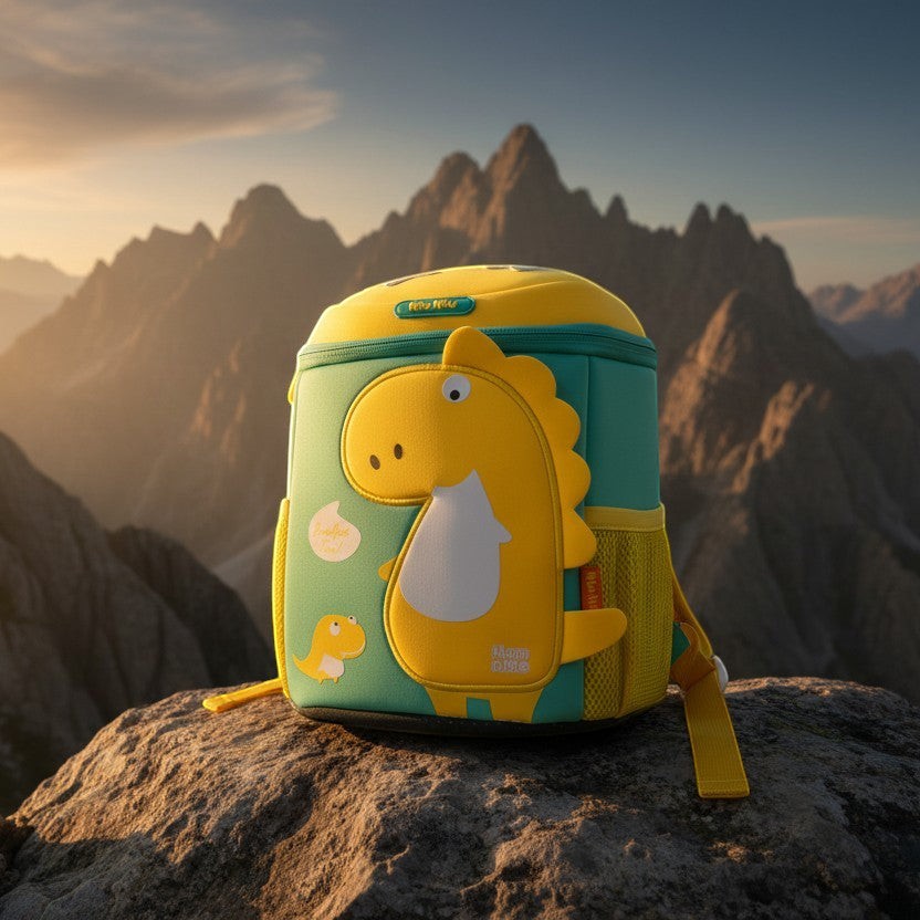 Mango Muffins yellow and teal dragon backpack with 3D wings and textured scales, for kids.