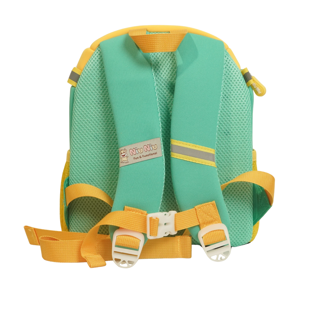 Mango Muffins Dragon Wing Wanderer backpack with green mesh back, yellow straps, and reflective accents.