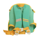 Mango Muffins Dragon Wing Wanderer backpack with green mesh back, yellow straps, and reflective accents.