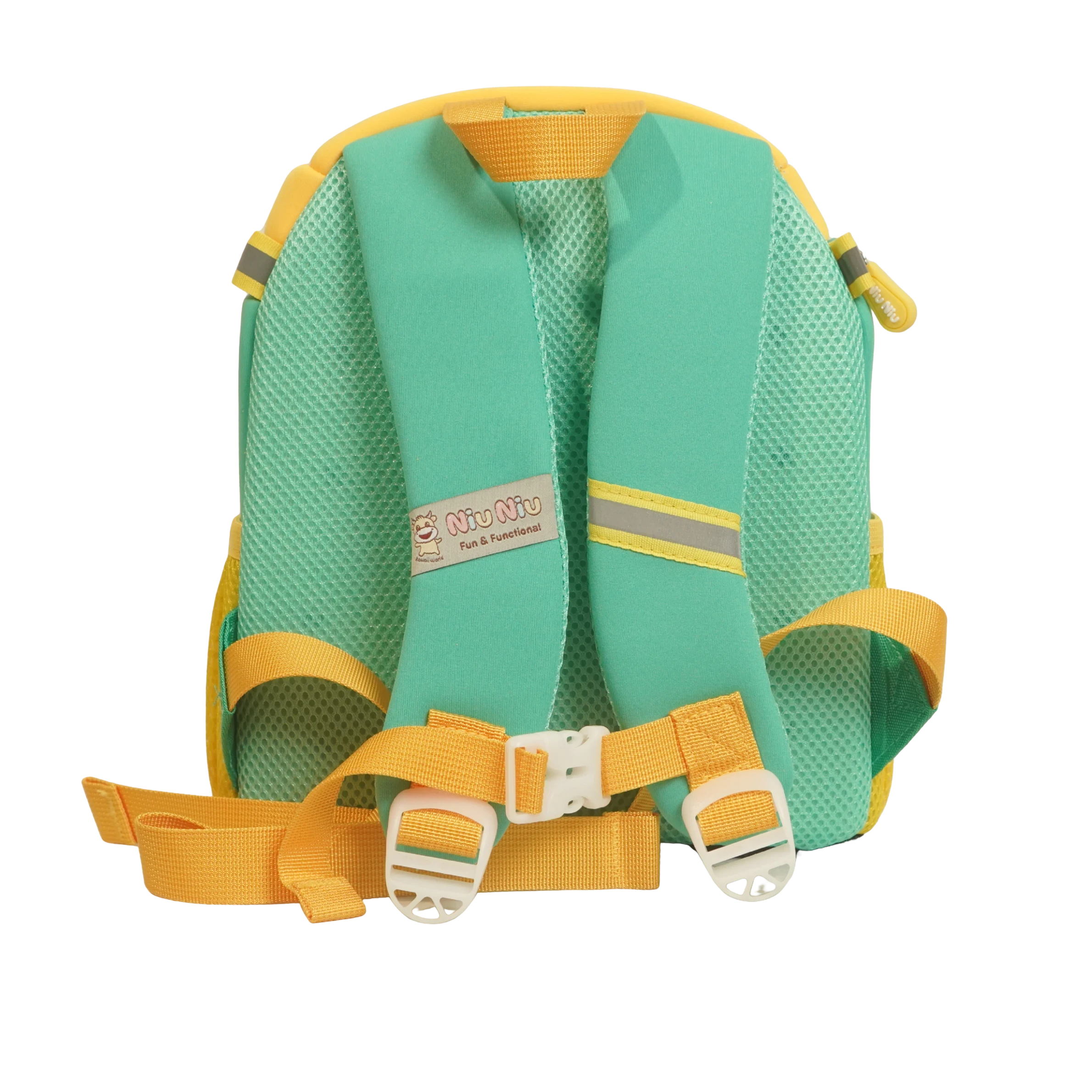 Mango Muffins Dragon Wing Wanderer backpack with green mesh back, yellow straps, and reflective accents.