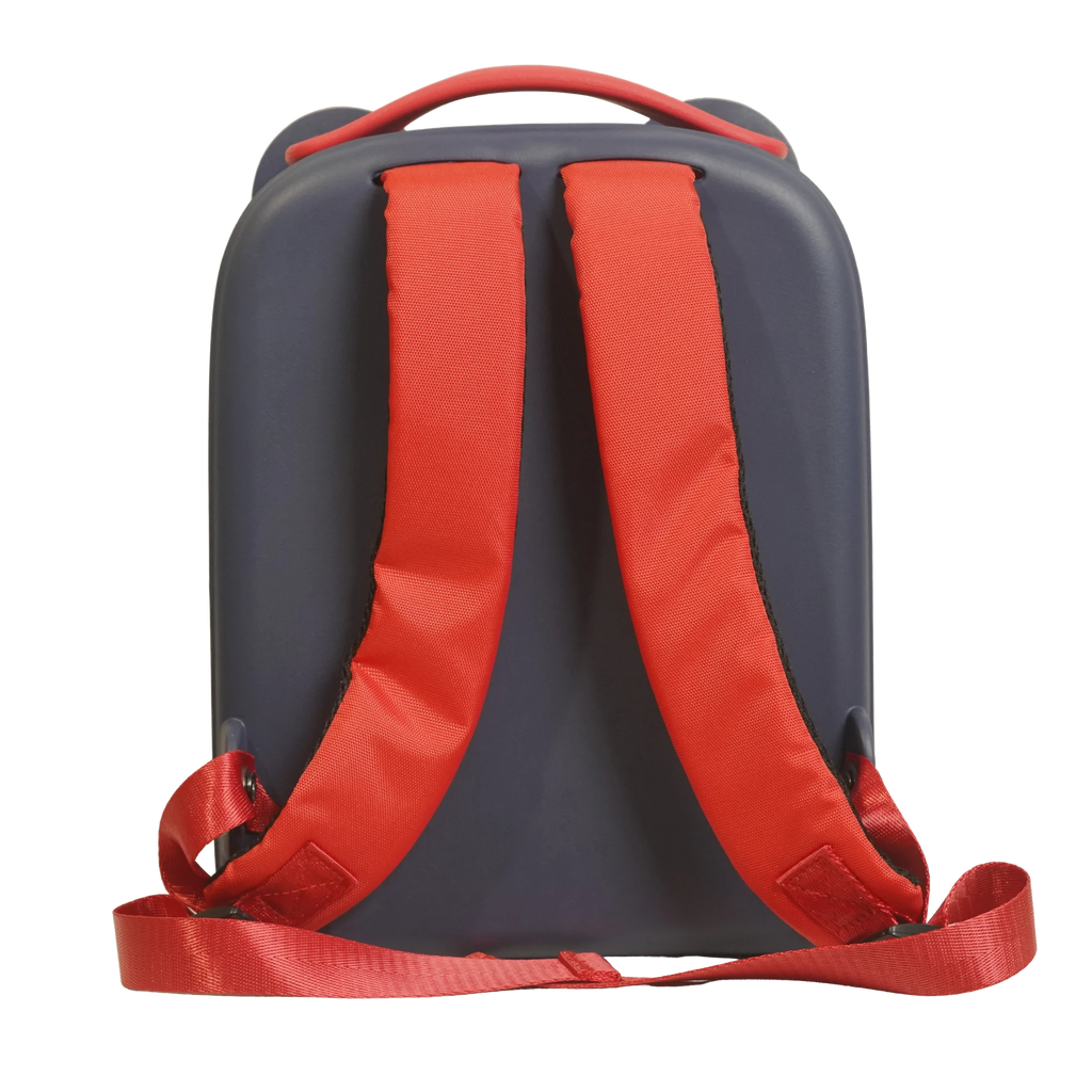 Mango Muffins dark grey backpack with red straps and handle, featuring a 3D dragon wing design.