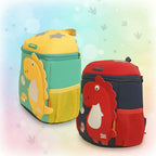 Mango Muffins green and yellow backpack with a yellow dinosaur and stars. Red and navy backpack with a red dinosaur.