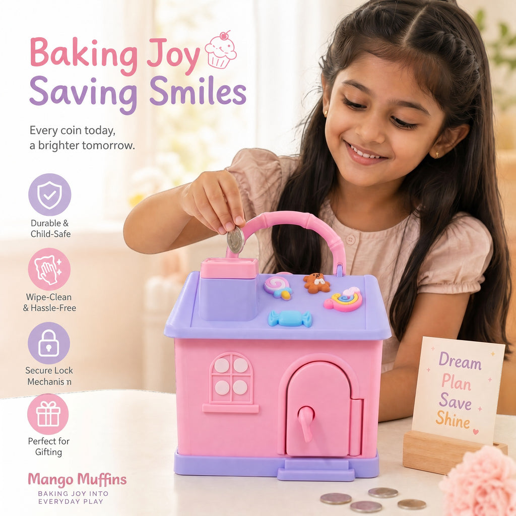 Mango Muffins Dream Cottage Savings Bank in candy pink and pastel blue with 3D charms, held by a smiling young girl.
