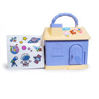 Mango Muffins Dream Cottage savings bank in periwinkle blue and lemon cream with space stickers and 3D roof charms.