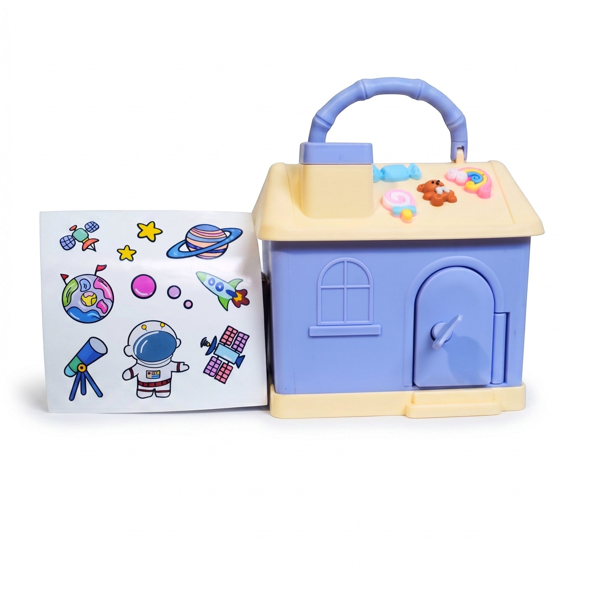 Mango Muffins Dream Cottage savings bank in periwinkle blue and lemon cream with space stickers and 3D roof charms.