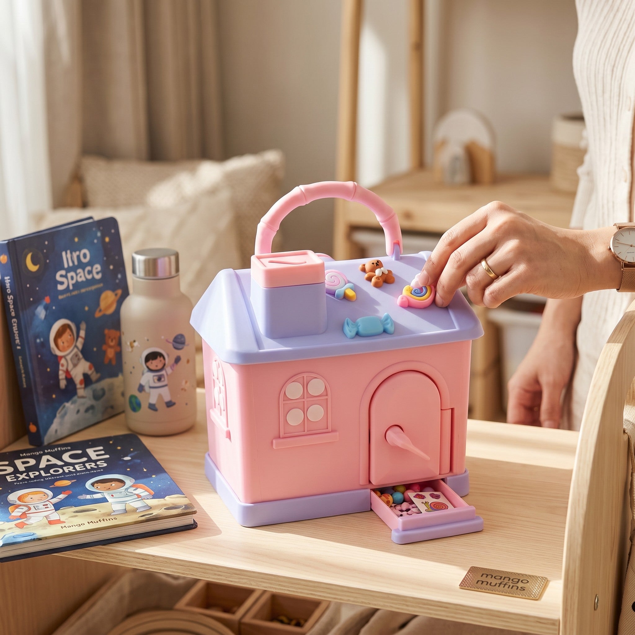 Mango Muffins Dream Cottage savings bank in candy pink and pastel blue with 3D roof charms and a working key lock.