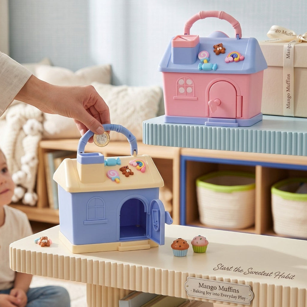 Mango Muffins Dream Cottage Savings Bank in periwinkle blue and lemon cream with 3D charms and coin slot