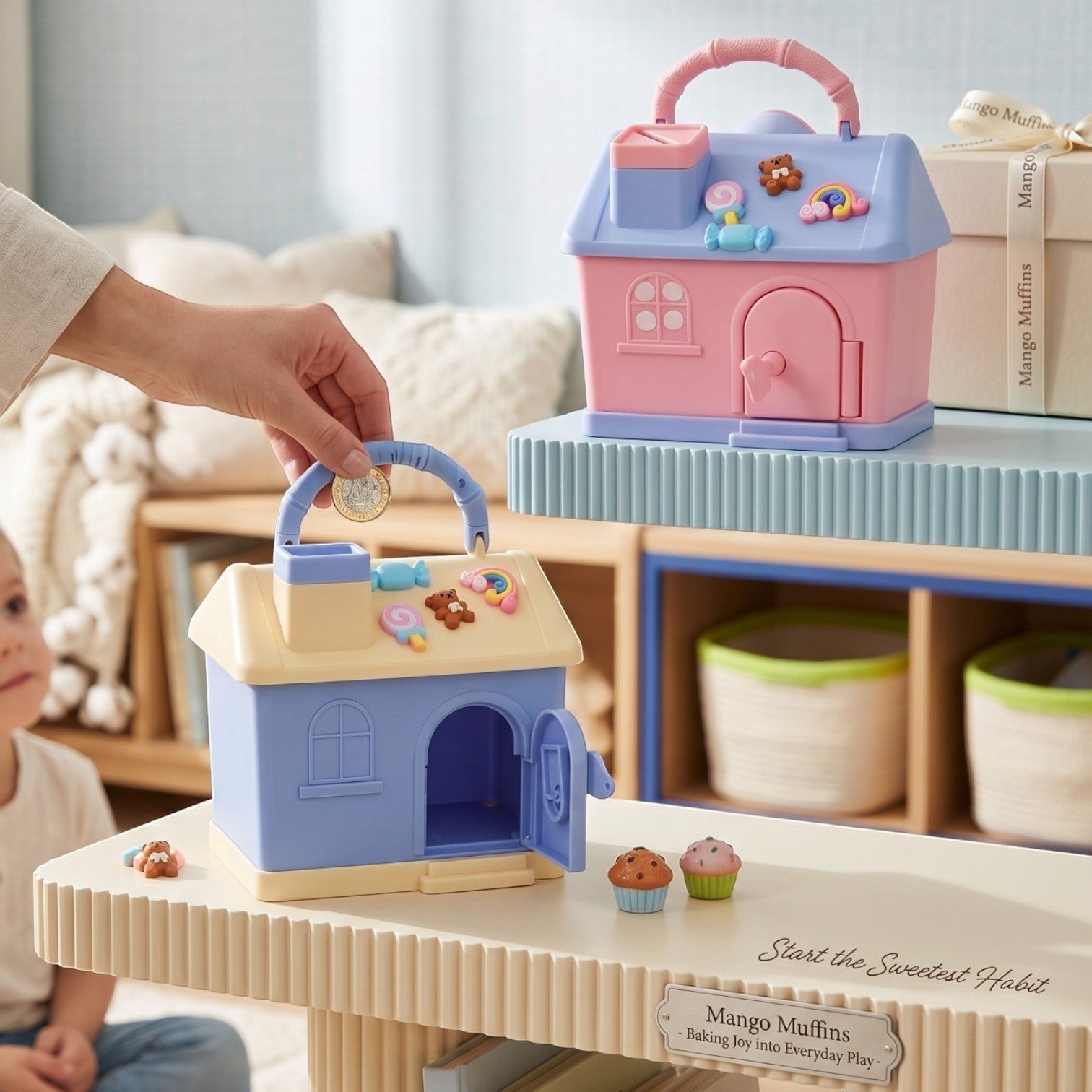 Mango Muffins Dream Cottage Savings Bank in periwinkle blue and lemon cream with 3D charms and coin slot