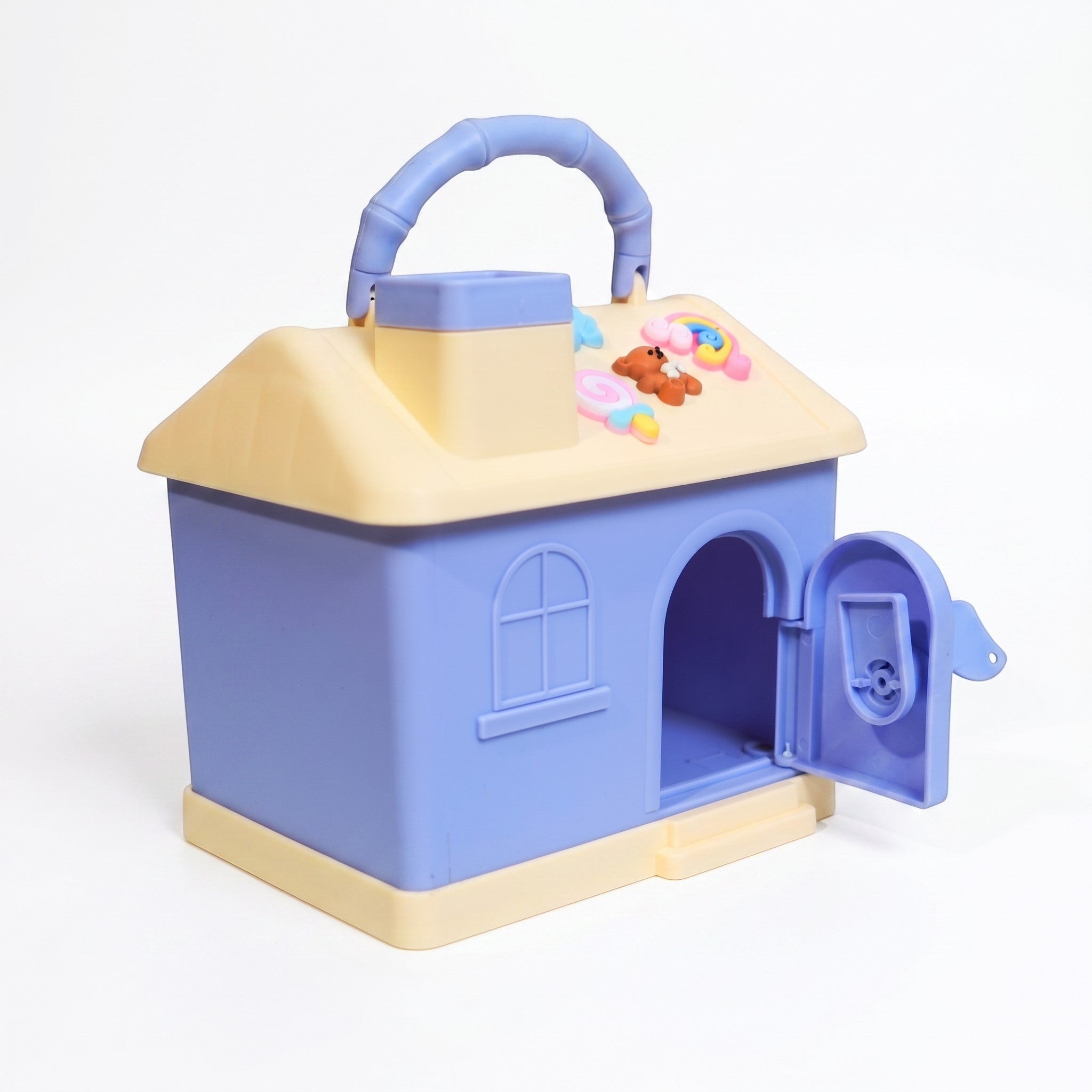 Mango Muffins Dream Cottage savings bank in periwinkle blue and lemon cream with 3D roof charms and open vault door.