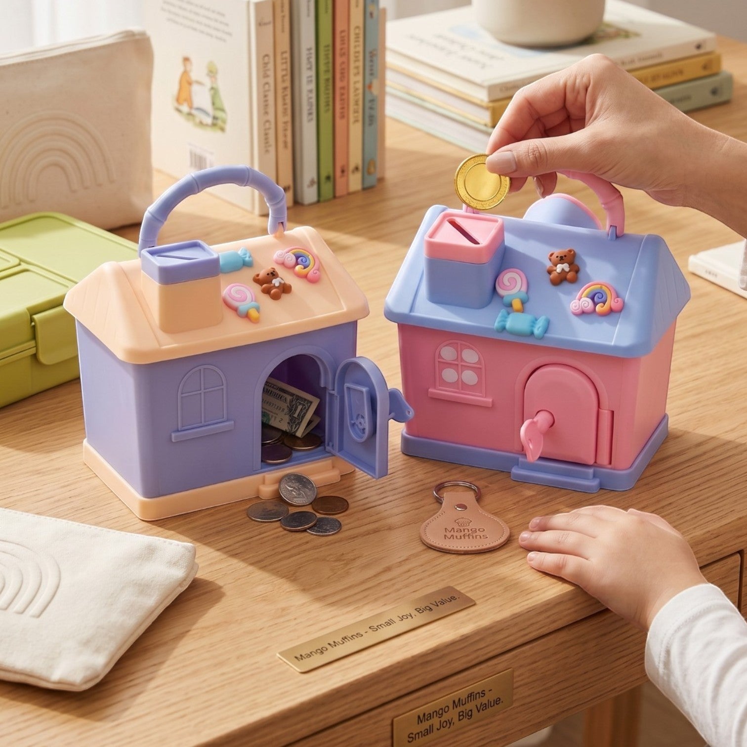 Mango Muffins Dream Cottage savings banks in pastel pink and blue with 3D roof charms and coin slots on a wooden desk.