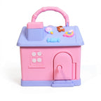 Mango Muffins Dream Cottage savings bank in candy pink and pastel blue with a working key and 3D roof charms.