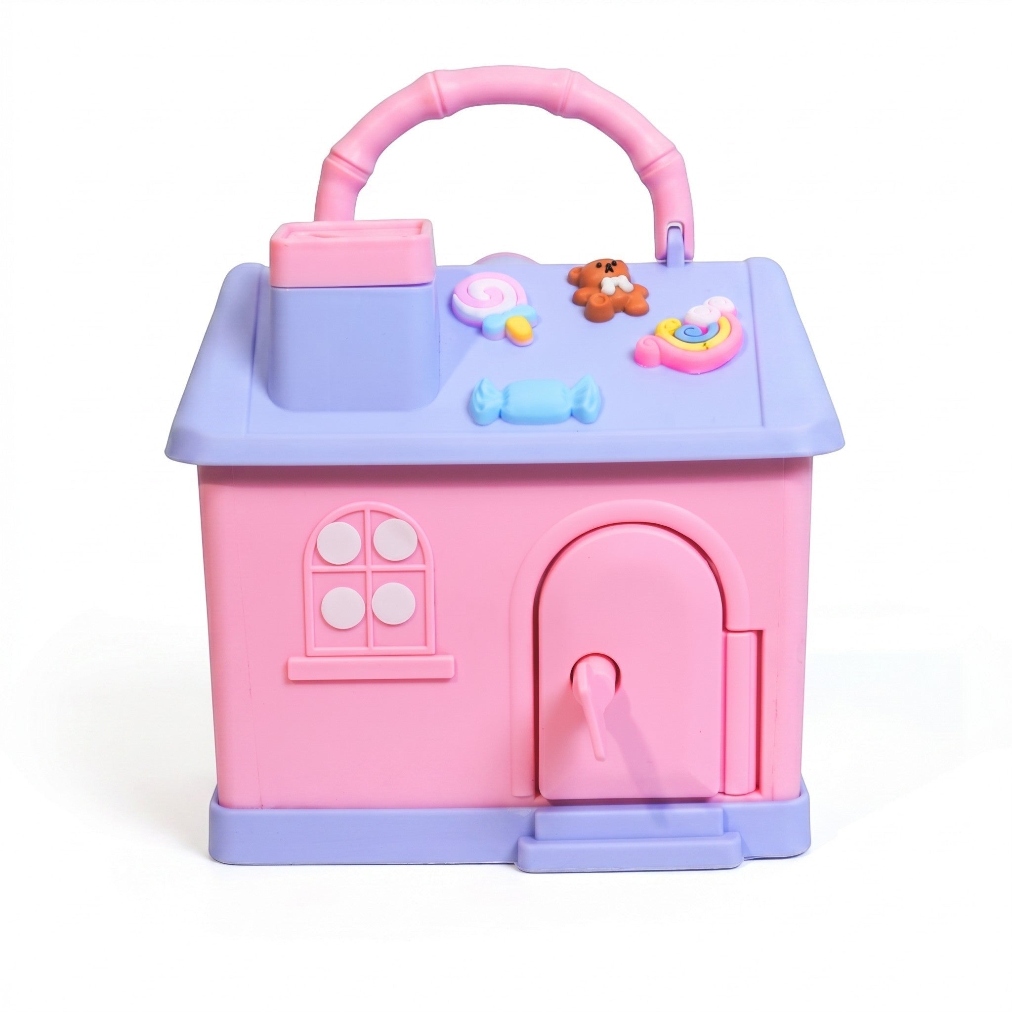 Mango Muffins Dream Cottage savings bank in candy pink and pastel blue with a working key and 3D roof charms.
