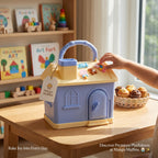 Mango Muffins Dream Cottage savings bank in periwinkle blue and lemon cream with 3D roof charms on a wooden table.