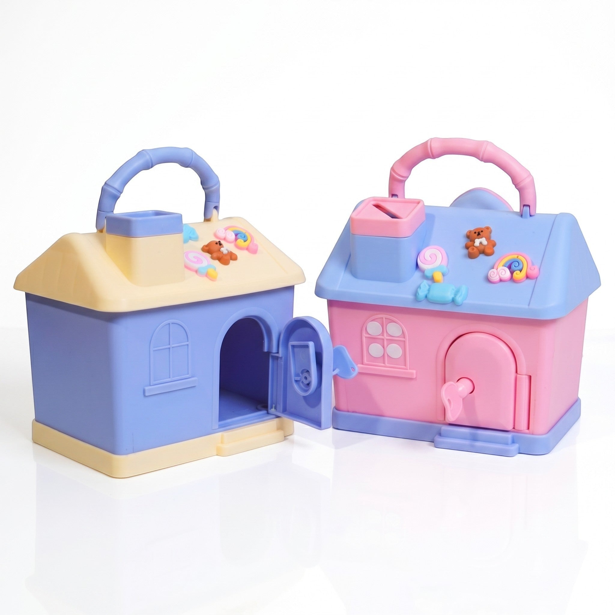Mango Muffins Dream Cottage savings banks in pastel blue and yellow and candy pink and blue with 3D roof charms.