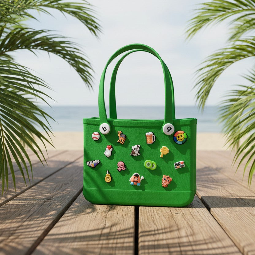 Mango Muffins green waterproof PVC tote bag decorated with fun charms, perfect for beach or pool days.