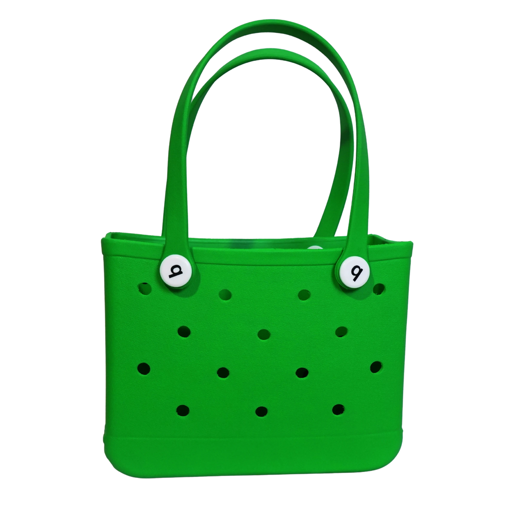 Mango Muffins bright green waterproof PVC tote bag with holes and white button accents.