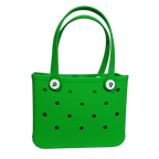 Mango Muffins bright green waterproof PVC tote bag with holes and white button accents.