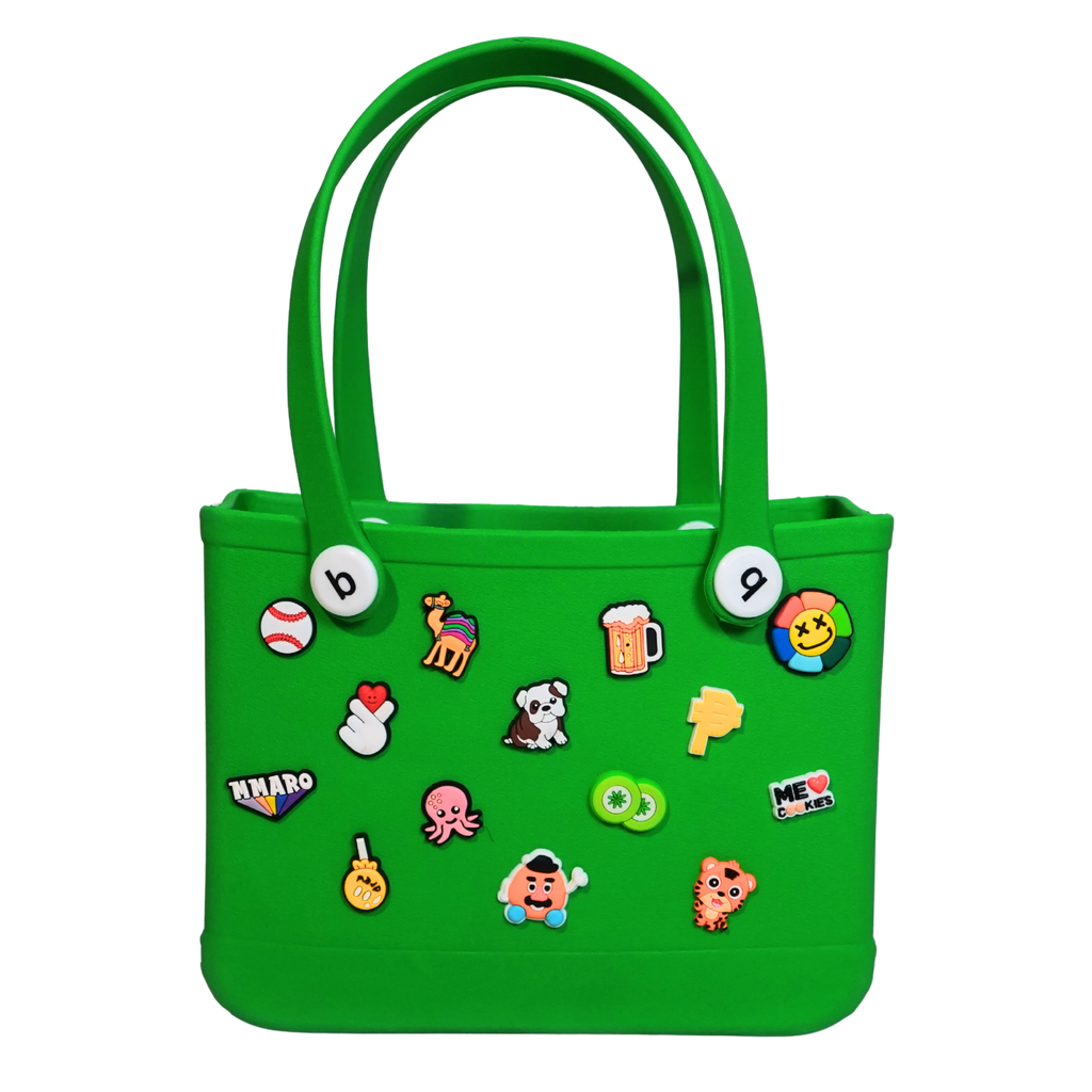 Mango Muffins green waterproof PVC tote bag with colorful cartoon charms and soft straps