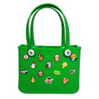 Mango Muffins green waterproof PVC tote bag with colorful cartoon charms and soft straps