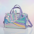 Mango Muffins holographic duffel bag with a large glitter butterfly and rainbow trails. Purple handles and strap.