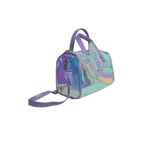 Mango Muffins holographic duffel bag with a large glitter butterfly applique and rainbow trails. Features top handles and a shoulder strap.