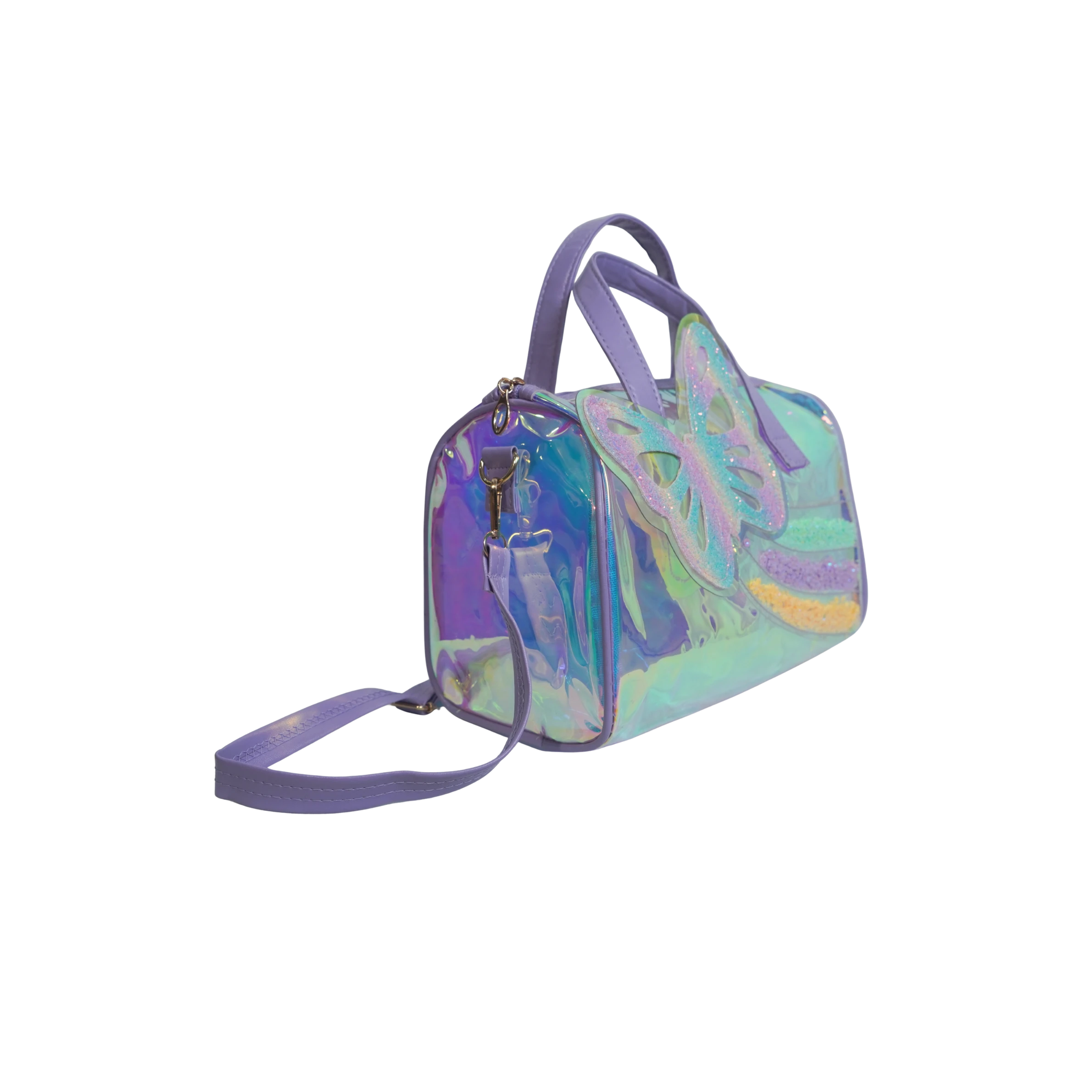 Mango Muffins holographic duffel bag with a large glitter butterfly applique and rainbow trails. Features top handles and a shoulder strap.