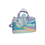 Mango Muffins holographic duffel bag with a large glitter butterfly and rainbow trails. Purple handles and strap.