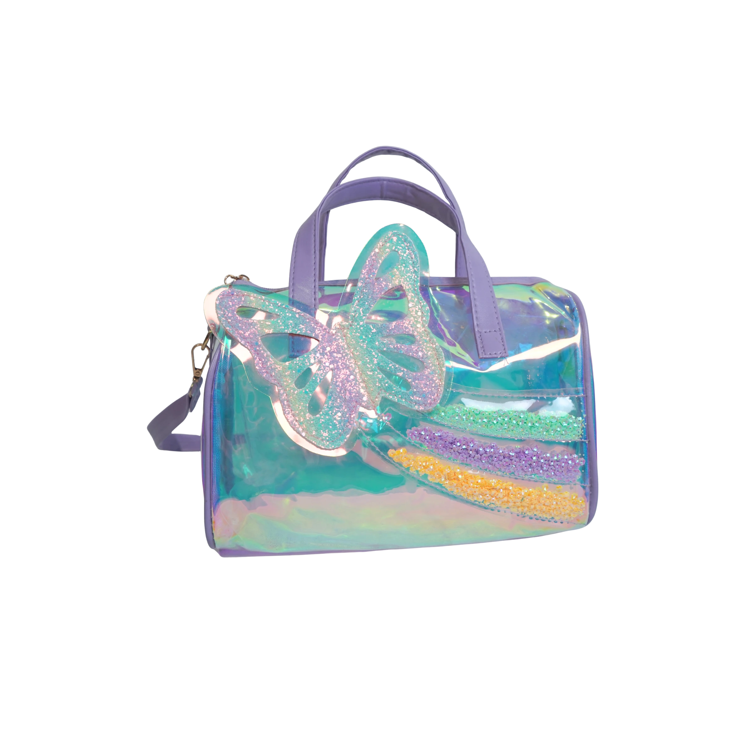 Mango Muffins holographic duffel bag with a large glitter butterfly and rainbow trails. Purple handles and strap.