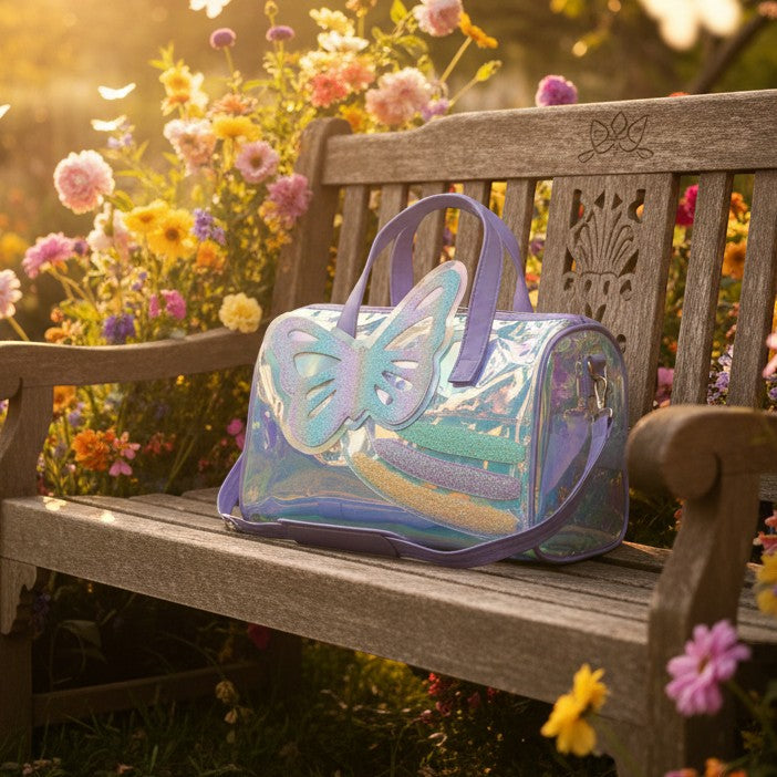 Mango Muffins holographic duffel bag with glitter butterfly applique and rainbow trails, purple handles and strap.