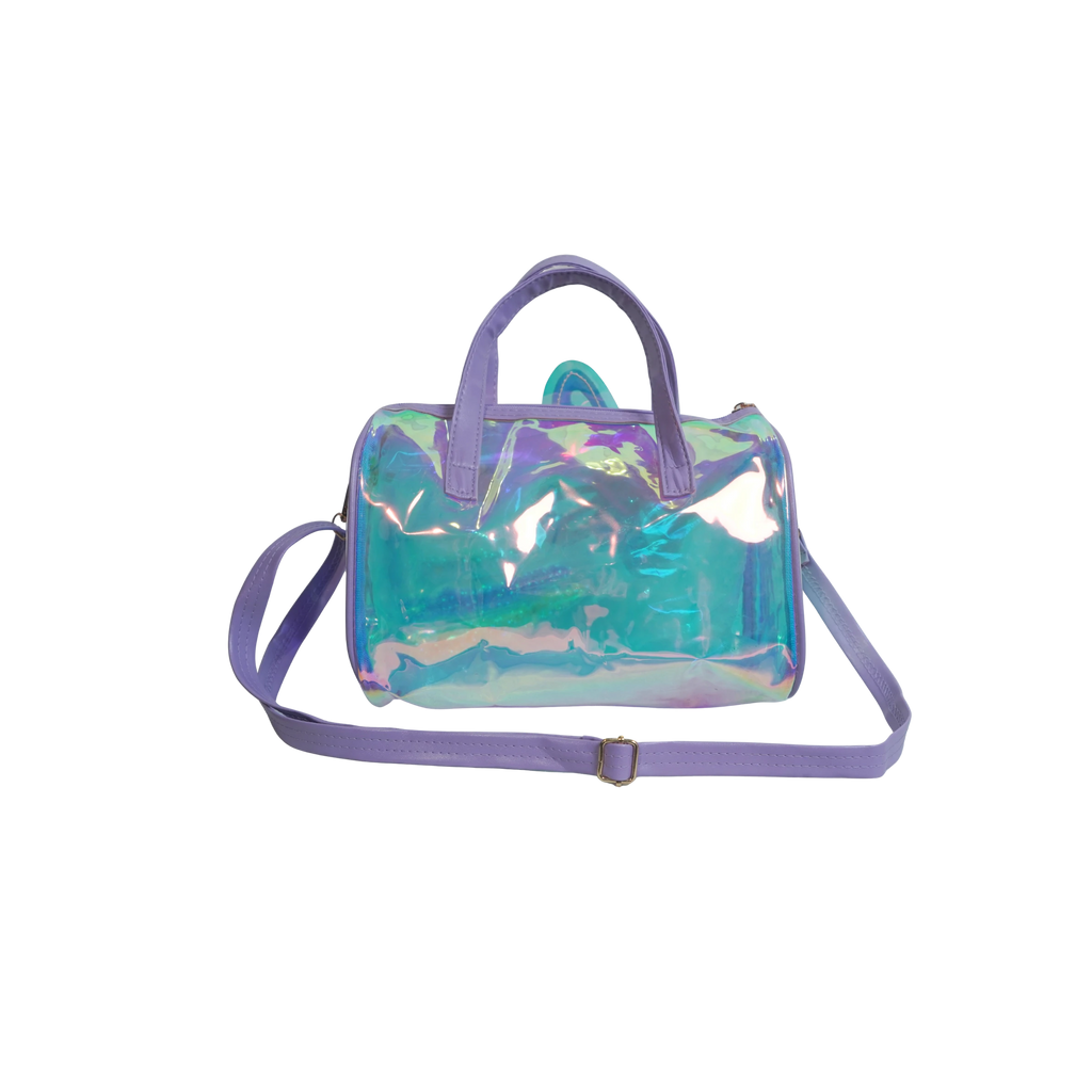 Mango Muffins holographic duffel bag with purple handles and strap, featuring a 3D butterfly and rainbow trails.