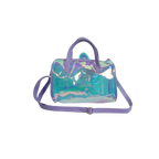 Mango Muffins holographic duffel bag with purple handles and strap, featuring a 3D butterfly and rainbow trails.