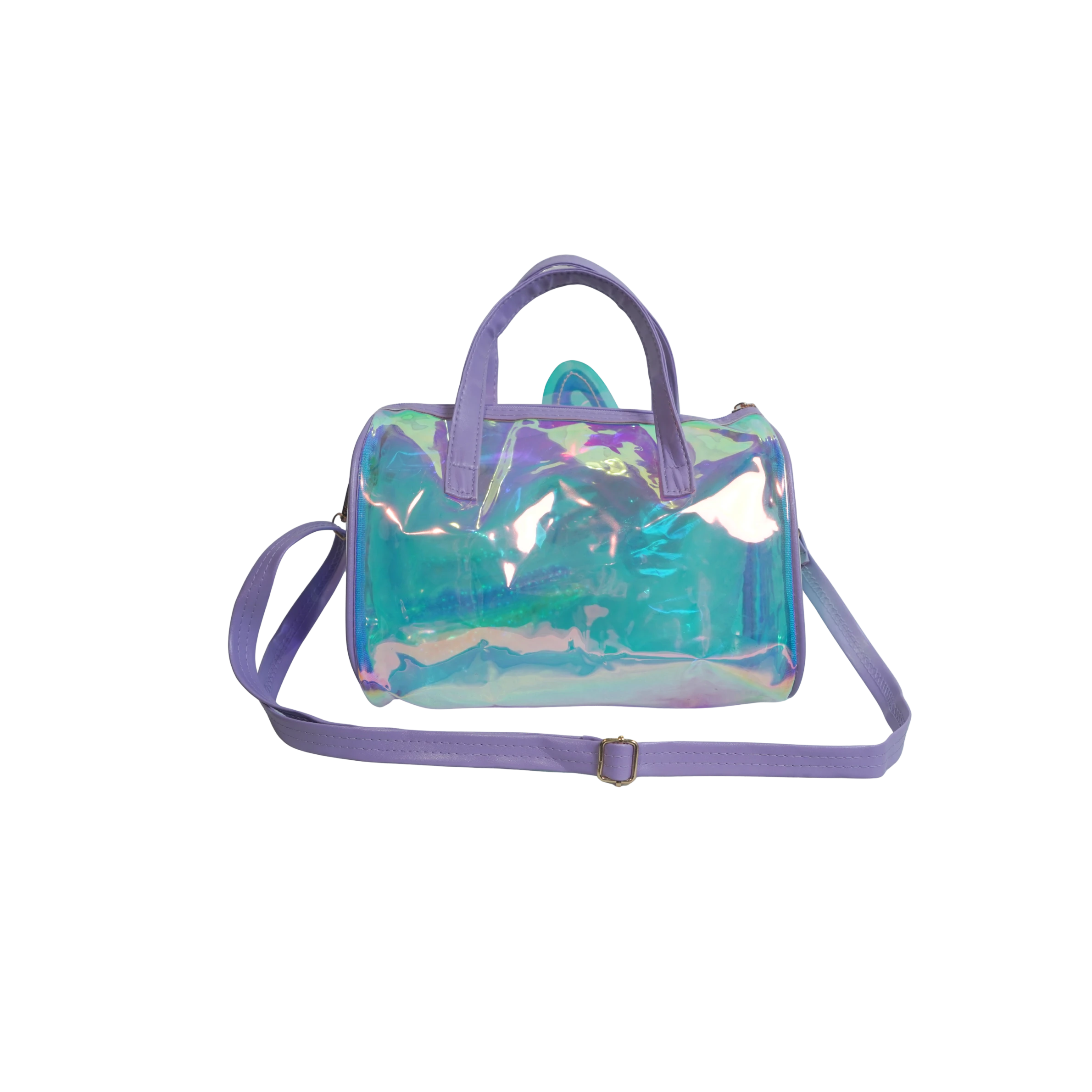 Mango Muffins holographic duffel bag with purple handles and strap, featuring a 3D butterfly and rainbow trails.