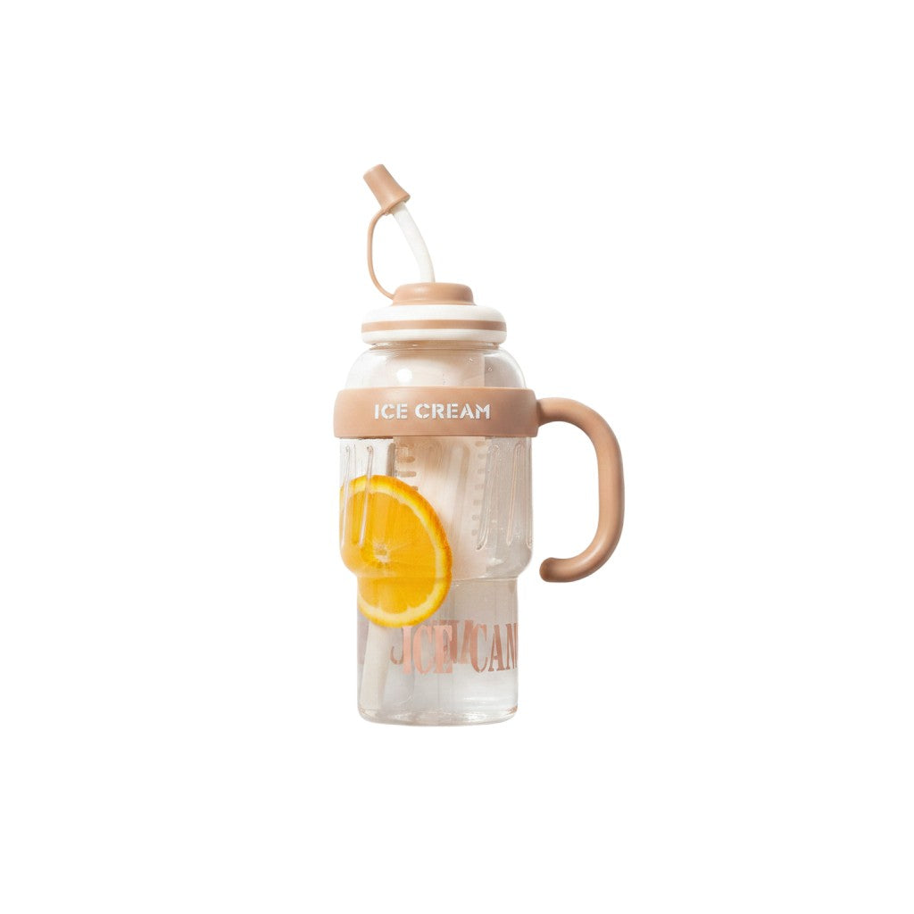 Mango Muffins Ice Cream Social Sipper tumbler with handle and straw, clear with brown accents, features waffle texture and orange slice.