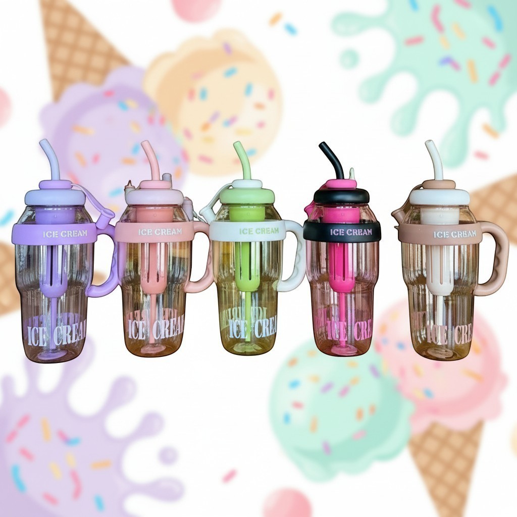 Mango Muffins Ice Cream Sipper tumblers with handles and straws in pastel purple, pink, green, black, and beige.