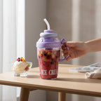 Mango Muffins Ice Cream Social Sipper tumbler with handle and straw, purple and clear plastic, waffle cone texture.