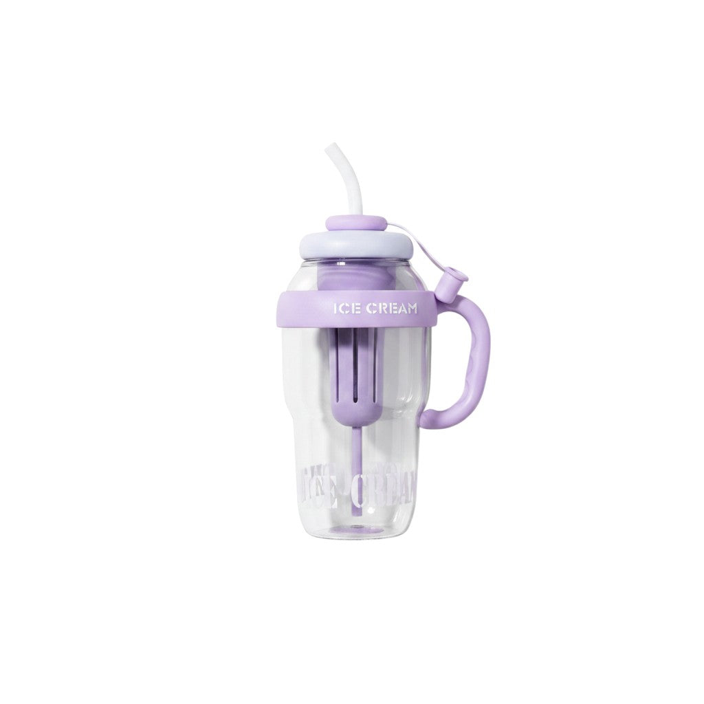 Mango Muffins Ice Cream Social Sipper tumbler with handle and straw, purple and clear plastic with waffle cone texture.