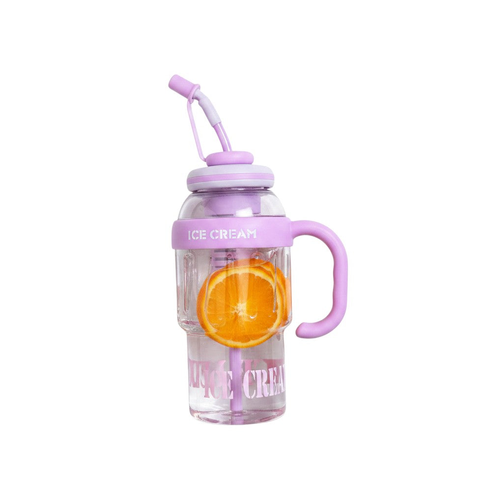 Mango Muffins Ice Cream Sipper tumbler with handle, straw, and orange slices. Purple and clear.